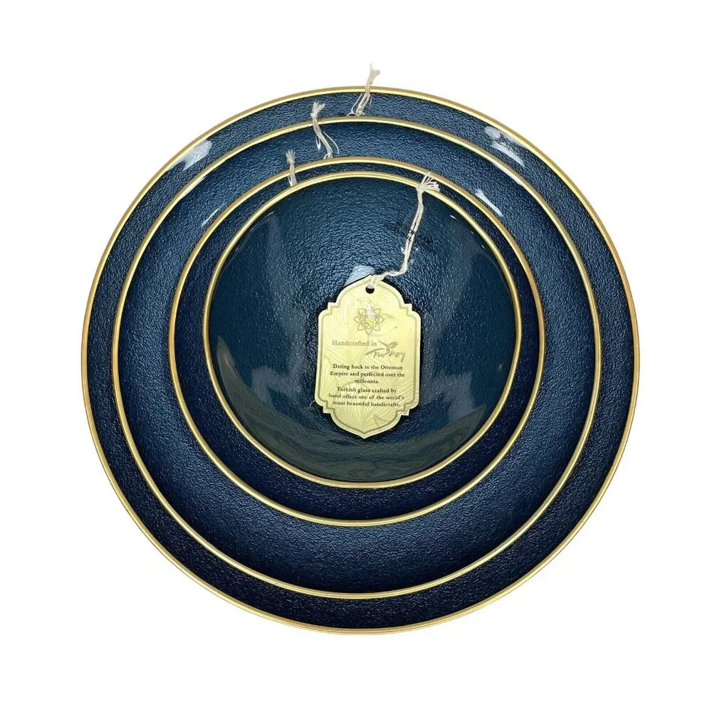 Turkish Glass 4 Entree Dinner Plates Set Blue Textured Gold Rim 11